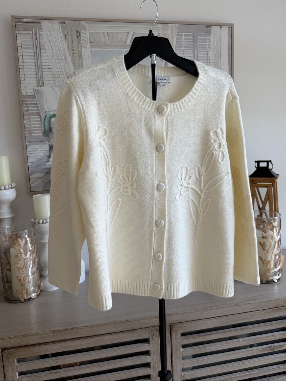 CeCe knit round neck l/s floral embroidery cardigan